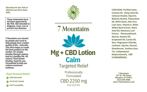 7 Mountains CBD Magnesium Lotion Product Label